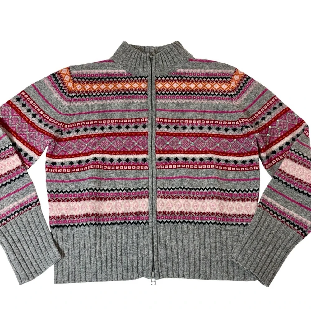 Vtg Context 100% Wool Fair Isle Sweater Sz L Full Zip Beaded Sequined NOS‎